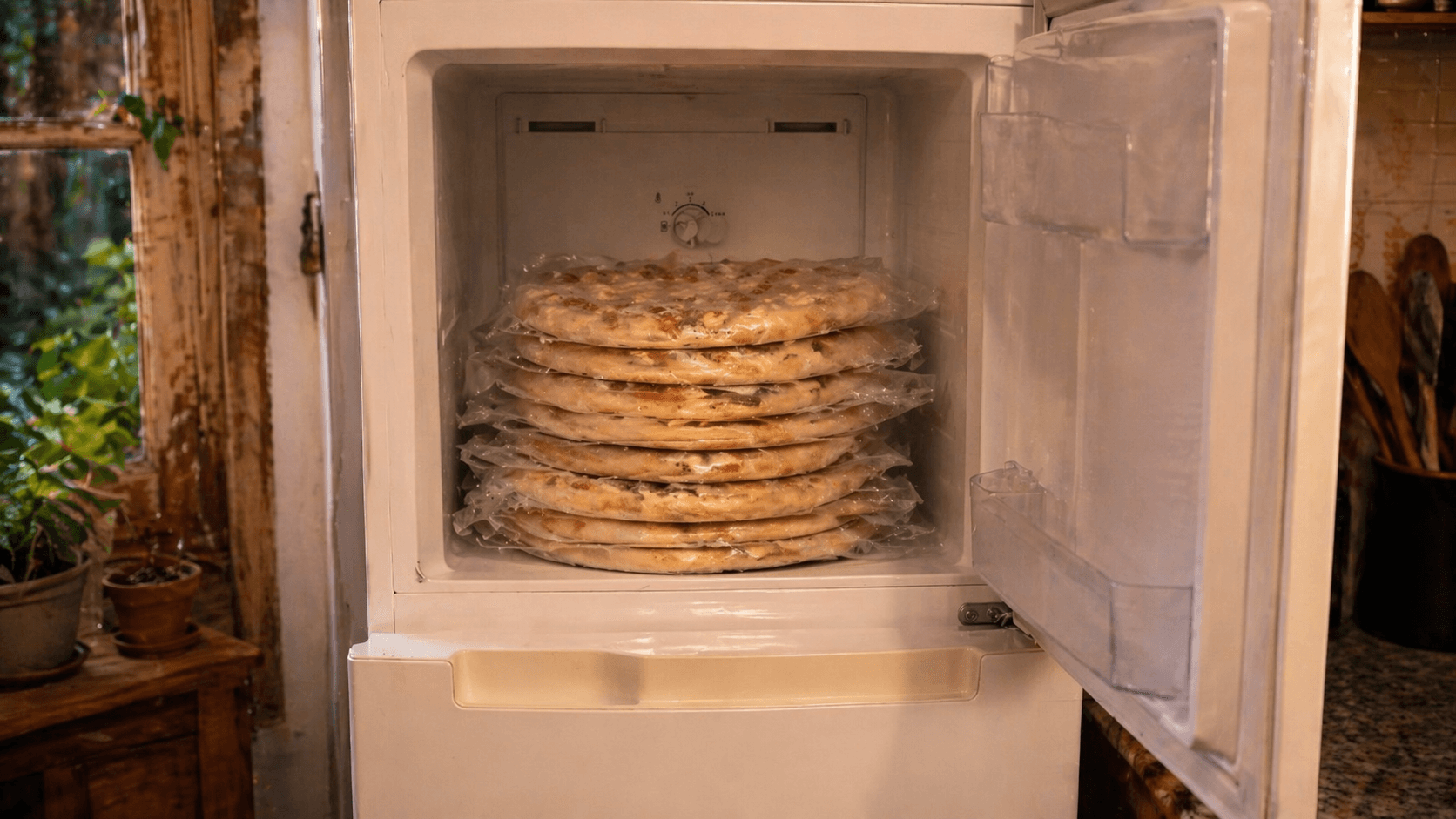 Freezer abierto con varias pizzas Frizza apiladas